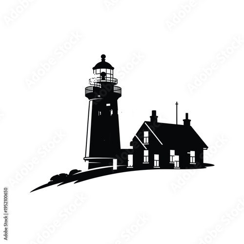 A striking black and white illustration of a lighthouse and keeper s house
