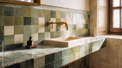 Bathroom interior with handmade zellige tiles, glossy and uneven