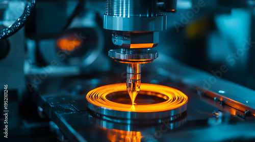 Precision laser cuts metal component with bright orange glow. Machine head hovers above circular workpiece steadily. Industrial setting features cool blue ambient lighting