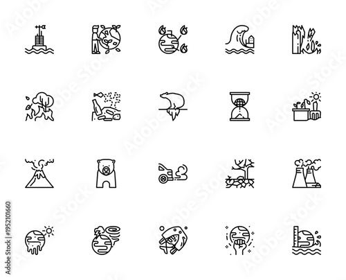 Climate Change icon set. Vector symbols pack for monitoring, ecosystem, wildfire, tsunami, iceberg, pollution, drought and more environmental concepts.