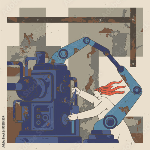 Robotic arm assisting a person with machinery.