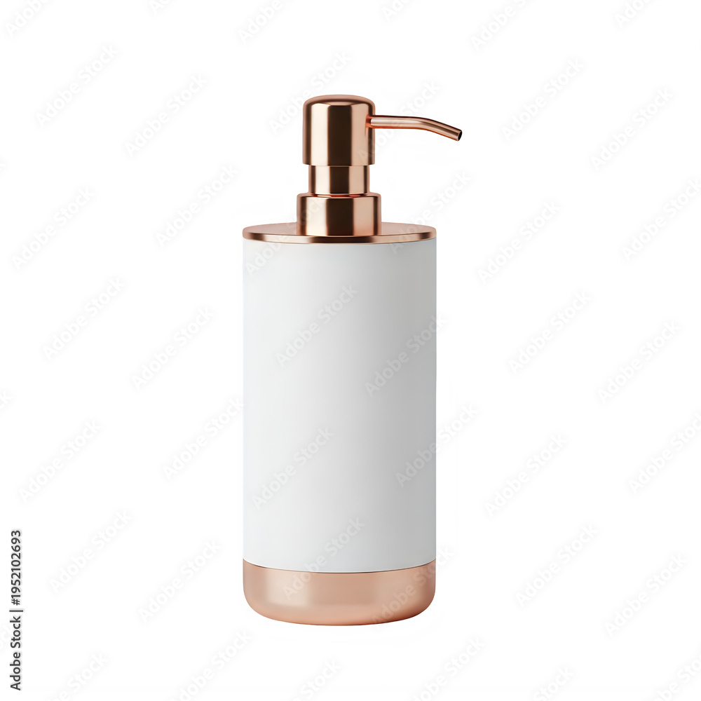 Obraz premium Modern soap dispenser with brass pump and white body isolated on white background