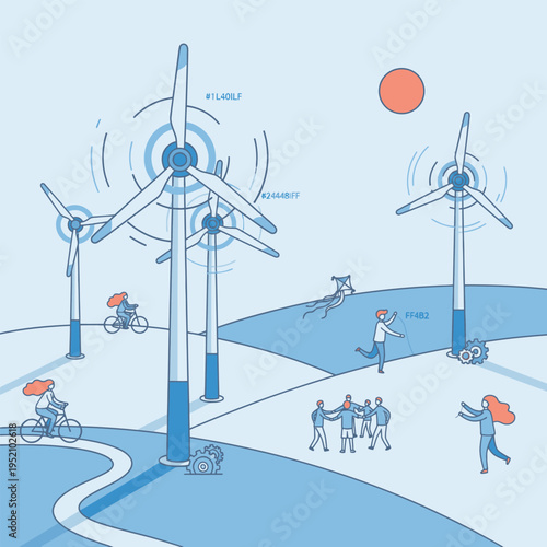 Renewable energy farm with wind turbines in a rural landscape, people enjoying outdoor activities like cycling and playing