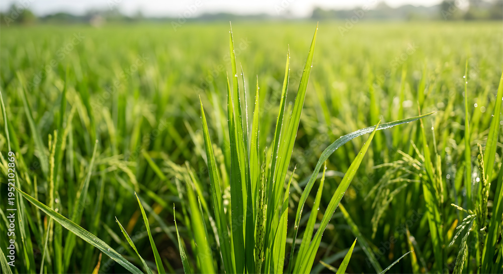 Fototapeta premium Young Rice Plant Tips Growing in Rice Field