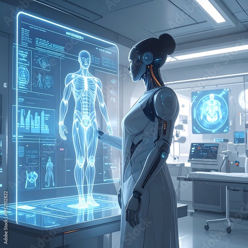 A futuristic female robot examines a human body scan