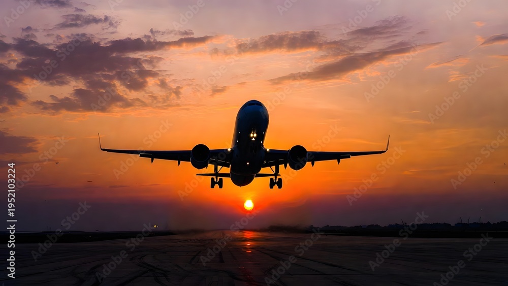 Fototapeta premium Silhouette of an airplane taking off from the runway against a beautiful golden sunset sky scenery