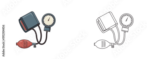 Sphygmomanometer medical equipment cartoon and linear style illustration in blue, red, and grey colors with black outlines used for blood pressure measurement, white background