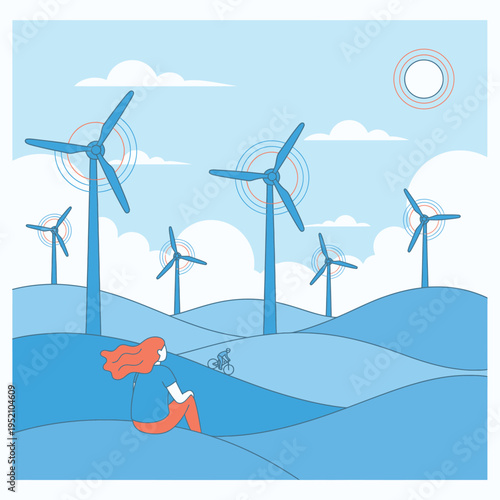 A person contemplating a serene landscape dotted with wind turbines under a bright, cloudy sky, representing sustainable energy and quiet reflection