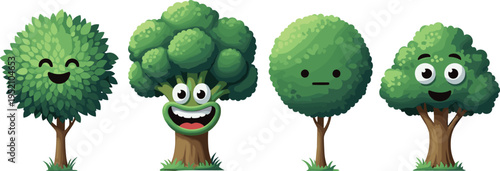 Detailed cartoon tree vector illustration with dense green foliage, thick brown trunk and roots, organic nature plant isolated on white.