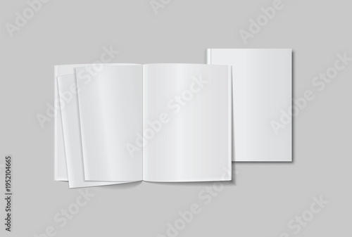 3D open magazine mockup with blank pages and hardcover book isolated on background. For the business presentation magazine, notebook, booklet, brochure, catalogue and print branding projects. Vector