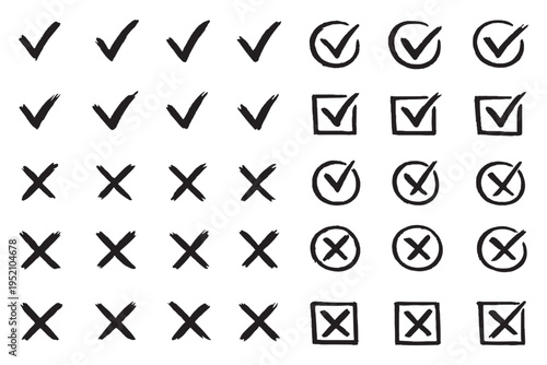 Check mark icons set. Green brush stroke check mark, tick symbols, checklist signs. Grunge brush stroke signs. Grunge checkmark design. Dirty grunge stroke checkmark sign vector illustration Handdrawn
