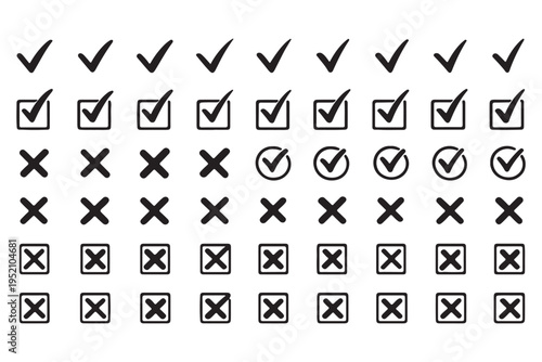 Check mark icons set. Green brush stroke check mark, tick symbols, checklist signs. Grunge brush stroke signs. Grunge checkmark design. Dirty grunge stroke checkmark sign vector illustration Handdrawn