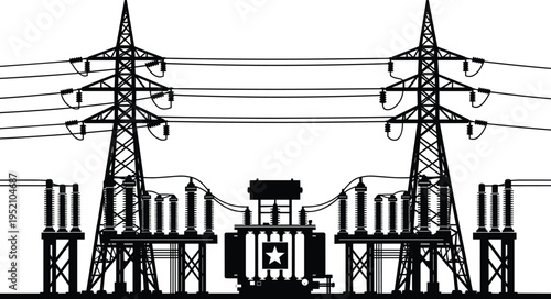 Electrical substation with high voltage power lines and transformer silhouette, energy infrastructure vector illustration isolated on white background, industrial power.