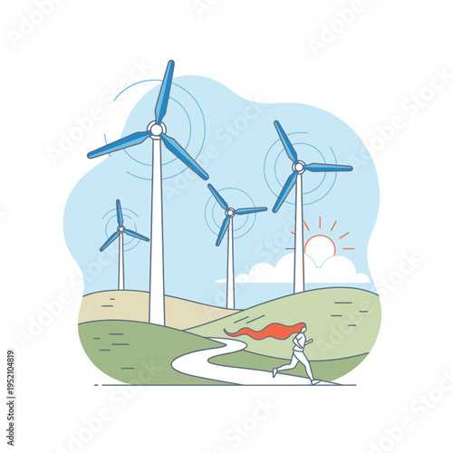 Woman running through a scenic landscape with wind turbines and a rising sun