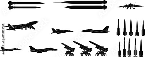 Military aircraft and missile silhouette set, fighter jet and rocket launcher vector icons, air defense system isolated on white background.