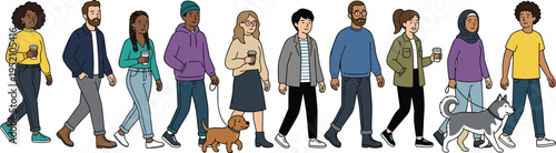 Diverse multicultural people walking together with coffee cups and dogs, modern community lifestyle characters vector illustration representing inclusivity and social diversity