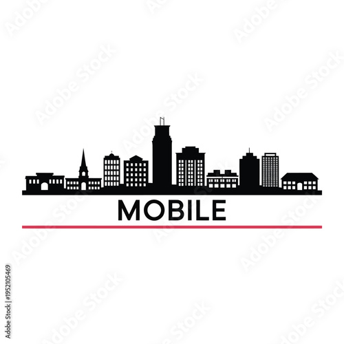A black silhouette of the mobile alabama cityscape with city name