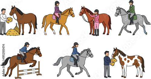 Horse riding and stable care scenes collection, equestrian riders training jumping feeding horses, vector illustration set for equestrian sport lifestyle