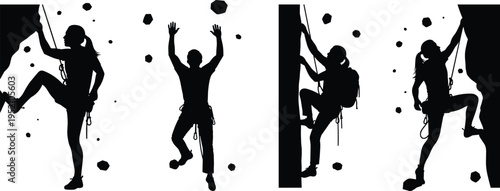 Rock Climbing Silhouette Set, Climbers Bouldering on Wall with Falling Rocks, Male and Female Adventure Athletes, Dynamic Pose Vector Illustration on White Background