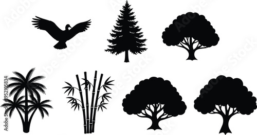 Set of nature vector silhouettes including different trees pine palm bamboo oak and flying bird isolated on a white background (20 words)