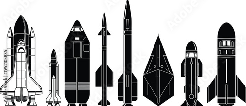Set of Spacecraft and Rocket Silhouettes, Space Shuttle, Saturn V, Falcon, Soyuz, Military Missile, Futuristic Spaceship Icons, Black Vector