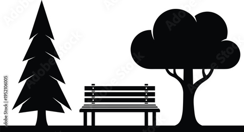 Black park bench silhouette with pine tree and deciduous tree, outdoor garden furniture vector illustration, isolated landscape design element icon.