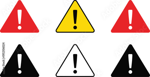 Warning signs collection, red yellow black triangular caution symbols, exclamation mark hazard icons isolated minimal design safety alert concept illustration