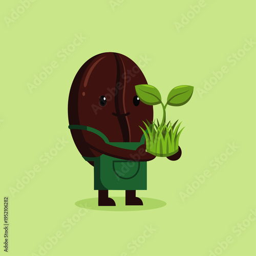 Cute coffee bean character in green overalls holding a sprout and grass, symbolizing growth and nature