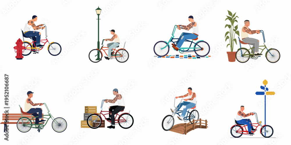 Fototapeta premium Set of flat vector illustrations featuring a tattooed man riding various custom lowrider bicycles in different urban settings, isolated on white background.