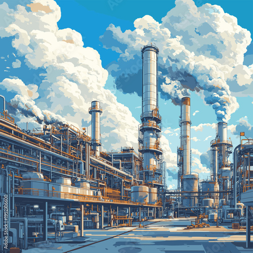 Futuristic oil refinery with towering structures and intricate piping stands against backdrop of fluffy clouds and clear blue sky