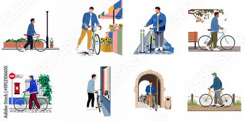 Set of flat vector illustrations showing a man in a denim jacket walking his bike through different urban settings like parks and streets.