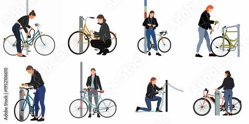 Flat vector illustrations set of young women in leather jackets locking their bicycles to poles and racks using chains and padlocks.