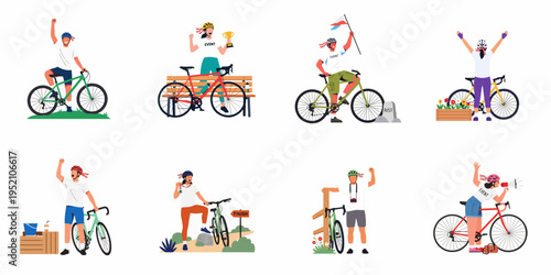 Set of flat illustrations featuring diverse cyclists celebrating achievements at a cycling event with bikes, trophies, medals, and flags.