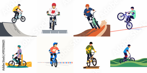 Set of flat vector illustrations featuring young BMX riders performing various stunts, tricks, and riding in different outdoor environments with safety gear.