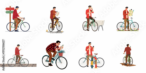 Vector Illustrations of a Young Man Using a Smartphone and Map While Cycling and Navigating Through Various City Environments