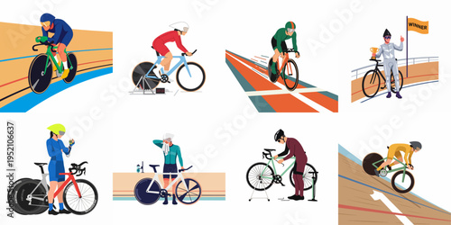 Professional track cycling illustration set featuring athletes racing, training, winning, and maintaining their bicycles in a velodrome environment.
