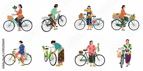 Flat illustration set of Indonesian women in traditional kebaya with bicycles carrying various market goods, groceries, and daily items.