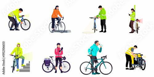 Flat illustration set of diverse people with bicycles, featuring urban commuting, safety gear, bike repair, and recreational cycling activities on a white background.