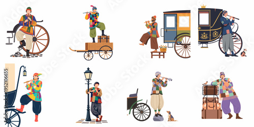 Set of illustrations featuring a man in colorful patchwork clothing playing a flute next to vintage carriages, street lamps, and travel luggage.