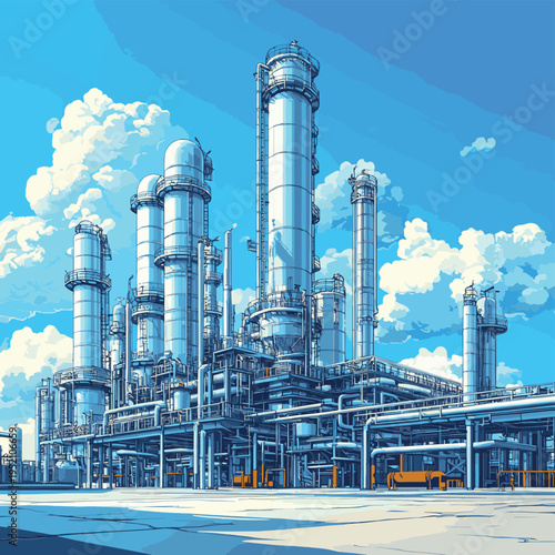 Futuristic oil refinery with towering structures and intricate piping stands against backdrop of fluffy clouds and clear blue sky