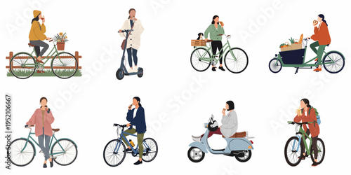 Set of flat vector illustrations featuring women with bicycles, scooters, and mopeds, each enjoying a snack or drink while commuting.