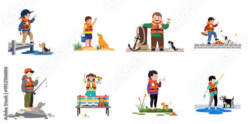 Collection of illustrations featuring children in life vests exploring nature and water with their pet dogs, promoting outdoor safety and adventure.