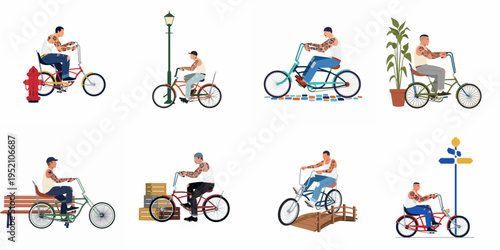 Set of flat vector illustrations featuring a tattooed man riding various custom lowrider bicycles in different urban settings, isolated on white background.
