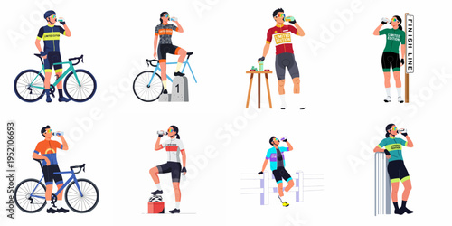 Flat vector illustration set of male and female professional cyclists hydrating with water bottles after a ride or race, isolated on white background.