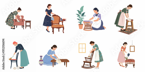 Collection of women in vintage attire performing various household cleaning tasks like dusting and polishing furniture, flat vector illustration.