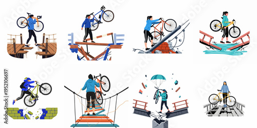 Set of illustrations depicting a resilient female cyclist overcoming various obstacles and navigating through broken bridges and ruins with her bike.