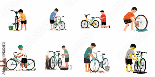 Set of illustrations showing a young boy cleaning muddy bicycles using various tools like sponges, hoses, and brushes in a flat cartoon style.