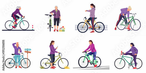 A comprehensive set of illustrations depicting women of various ages engaging in diverse cycling activities like riding, stretching, and bicycle maintenance.