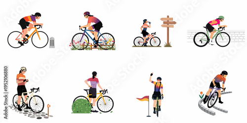 Set of flat vector illustrations featuring a female cyclist in various road biking activities, from riding to resting and navigating.