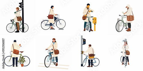 Collection of flat vector illustrations depicting urban commuters with bicycles, wearing stylish trench coats and carrying messenger bags in various city scenarios.